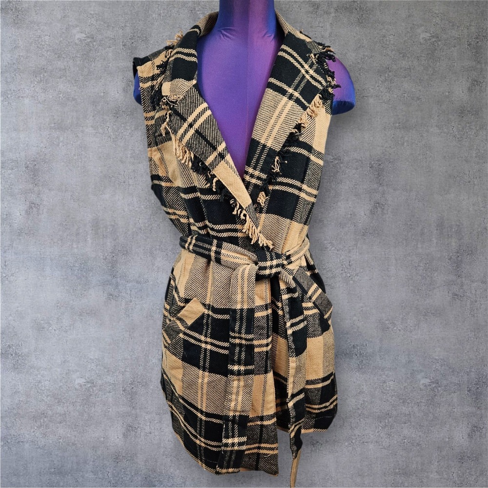 Cato EST 1946 Neutral Plaid Fringe Vest Women's Size Large Open Front Tie Waist